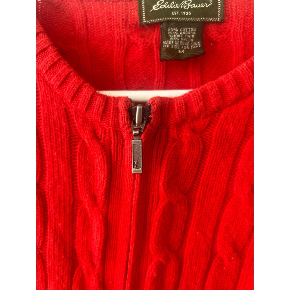 Eddie Bauer Red Cable Knit Full Zip Angora Blend Cardigan Sweater Womens Medium - Picture 11 of 15